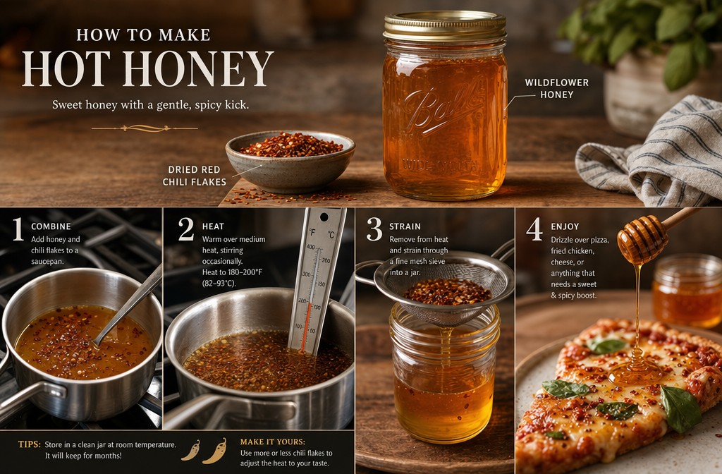 () editorial food photography showing step-by-step hot honey making process: mason jar with wildflower honey, dried red