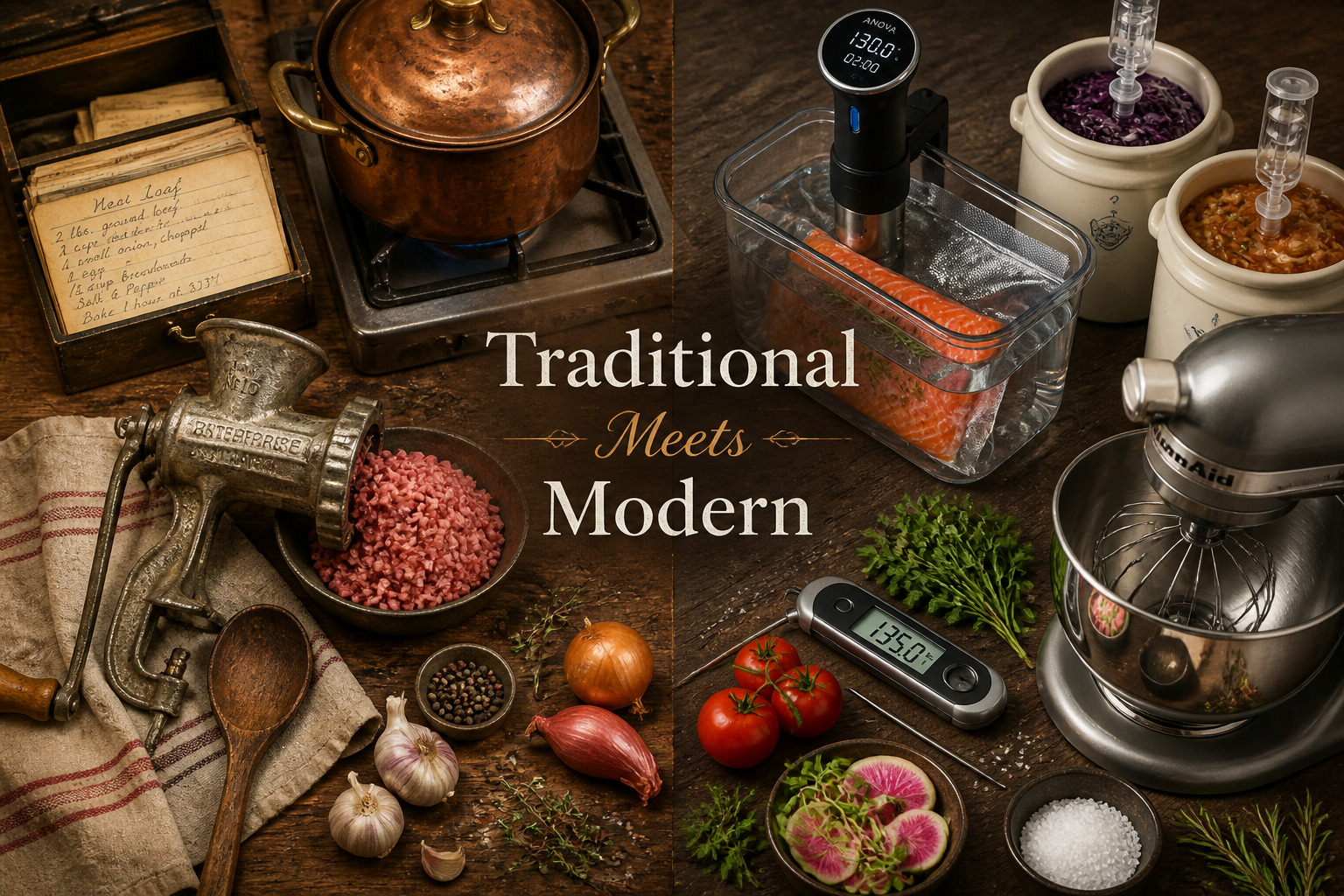 () editorial image showing a split-screen comparison of traditional versus modern cooking techniques: left side displays