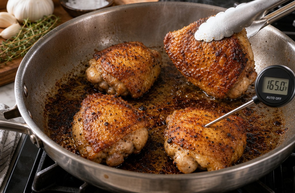 () editorial image showing close-up overhead view of stainless steel skillet on stovetop with golden-brown chicken thighs