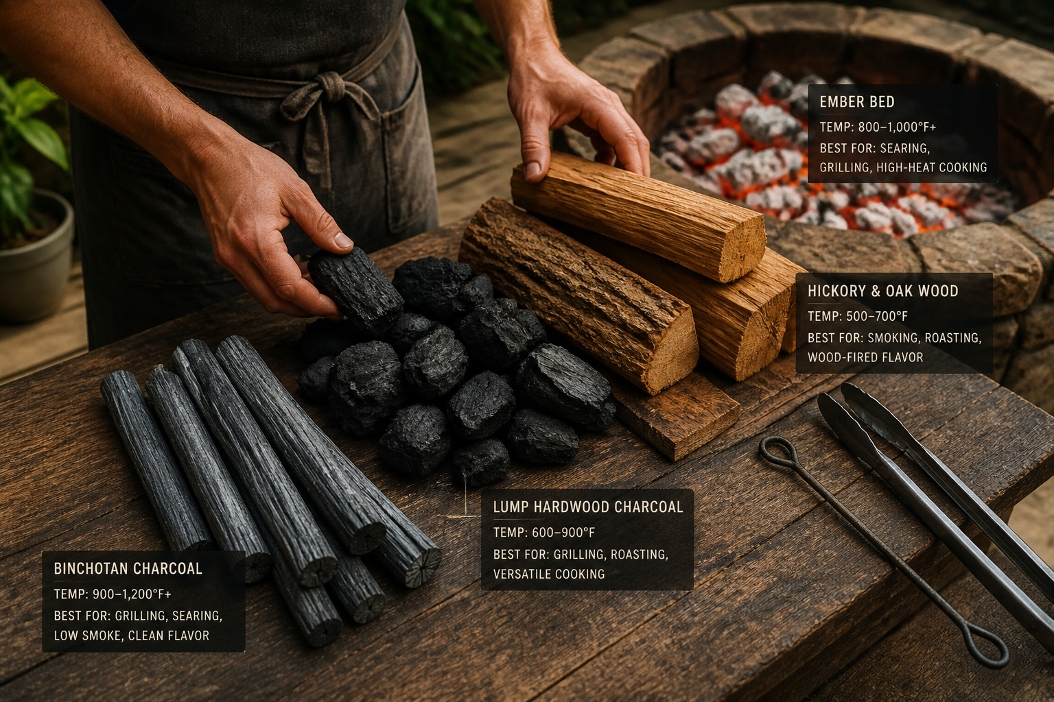 () editorial image showing hands in chef's apron arranging different types of cooking coals and wood on rustic wooden