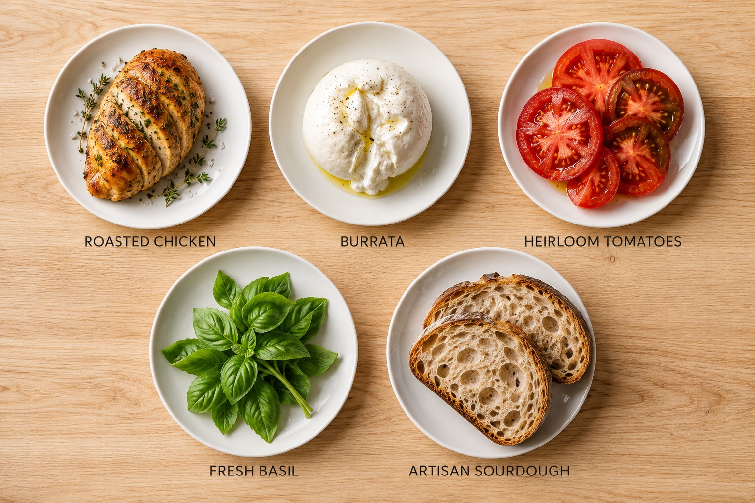() editorial image showing overhead flat lay of five distinct single-star ingredients arranged on separate white ceramic
