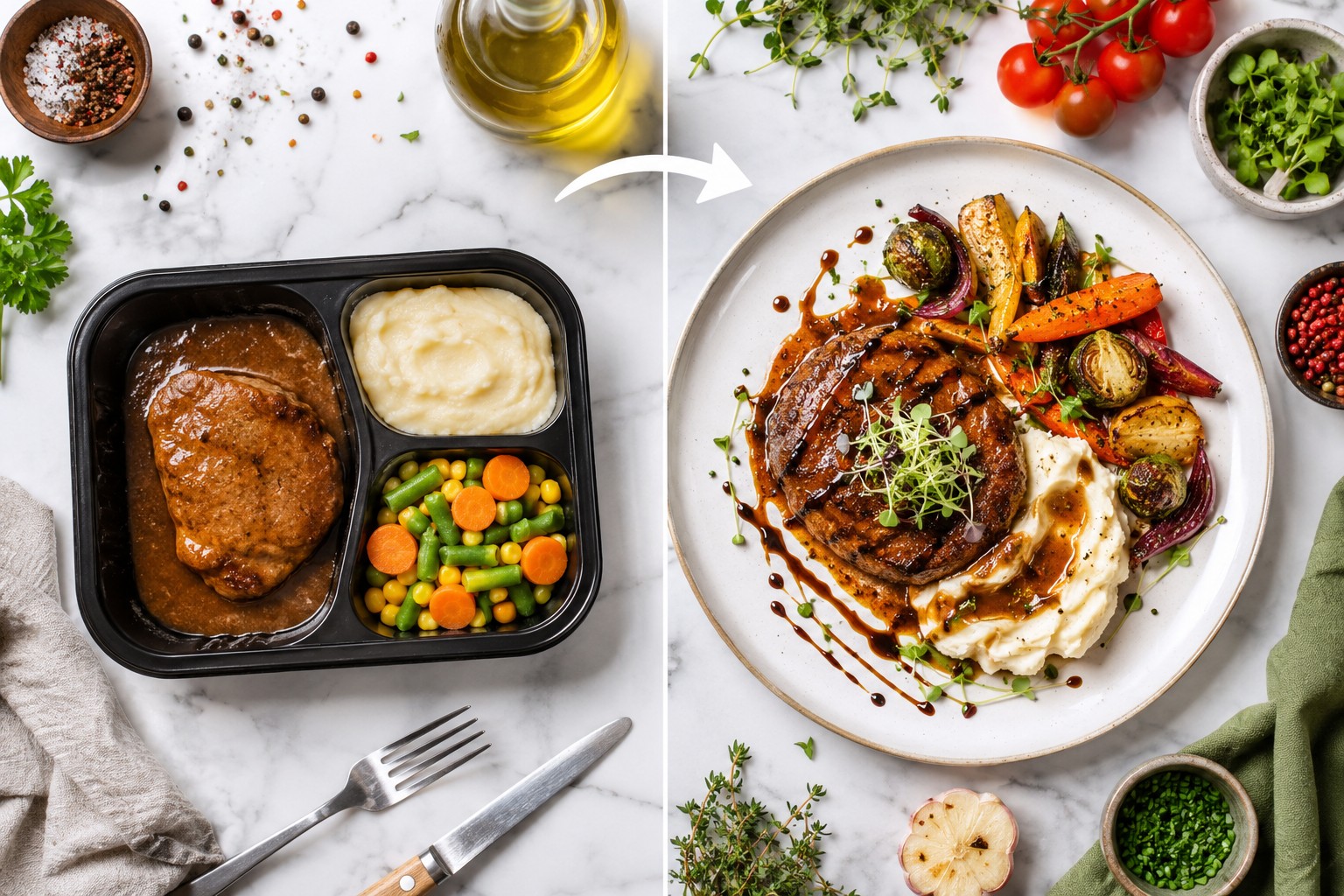 () editorial image showing split-screen comparison: left side displays basic frozen meal in plastic tray, right side shows