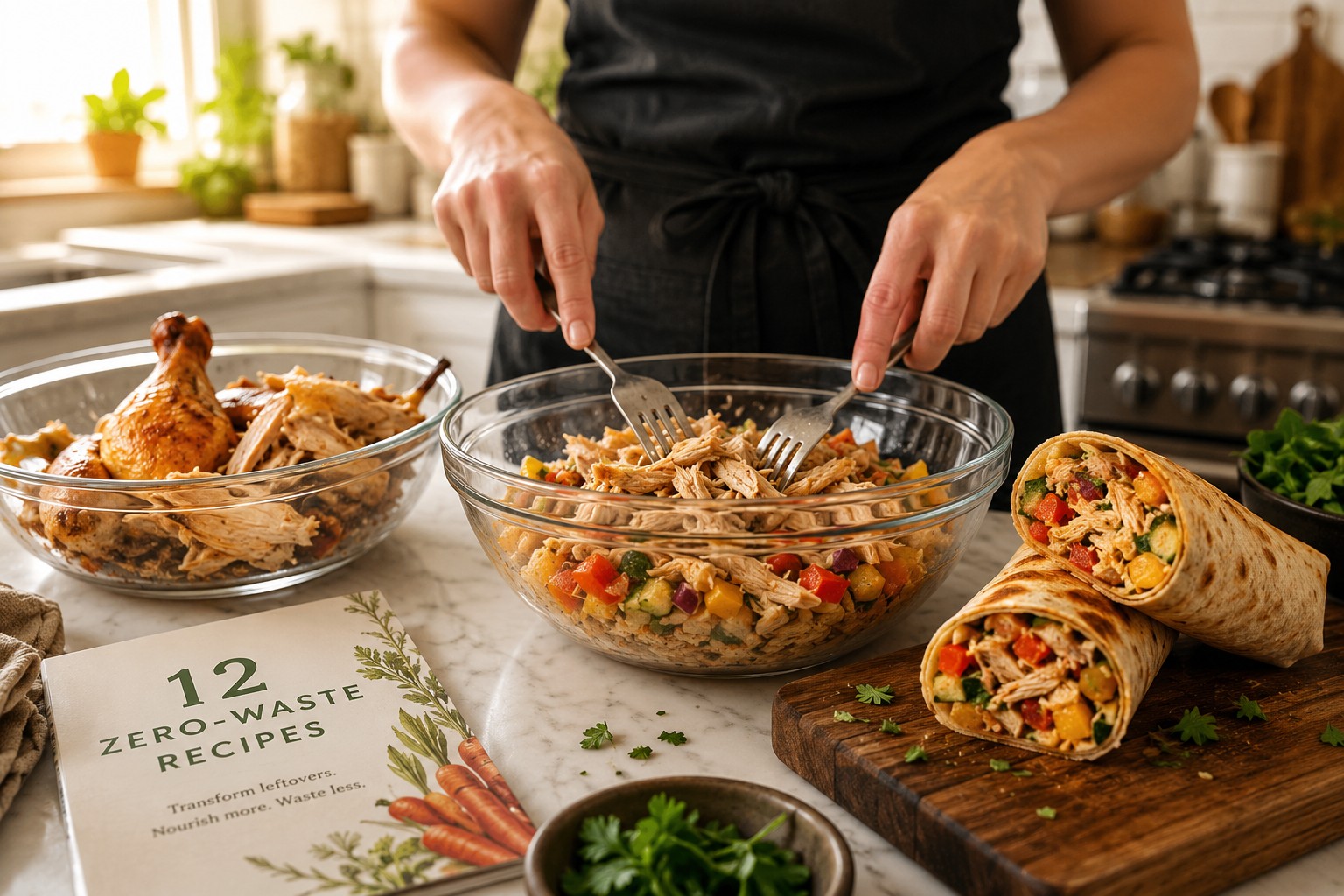 () editorial image showing step-by-step transformation process of leftover roast chicken being shredded and mixed with