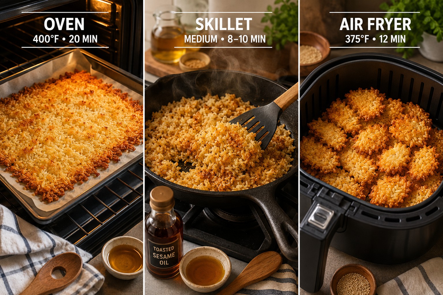 () editorial image showing three distinct cooking methods side by side: left panel displays crispy rice on a parchment-lined