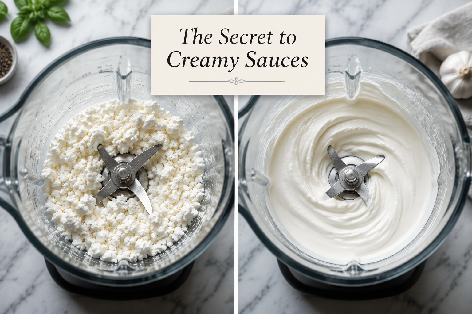 () editorial photograph showing cottage cheese being blended in high-speed blender transforming from chunky curds to silky