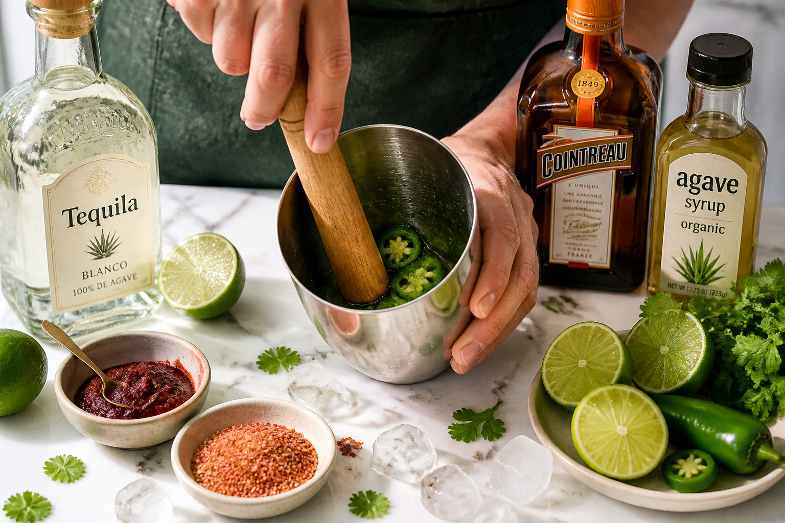 () editorial photograph showing hands muddling fresh jalapeño slices in a cocktail shaker with wooden muddler, surrounded by