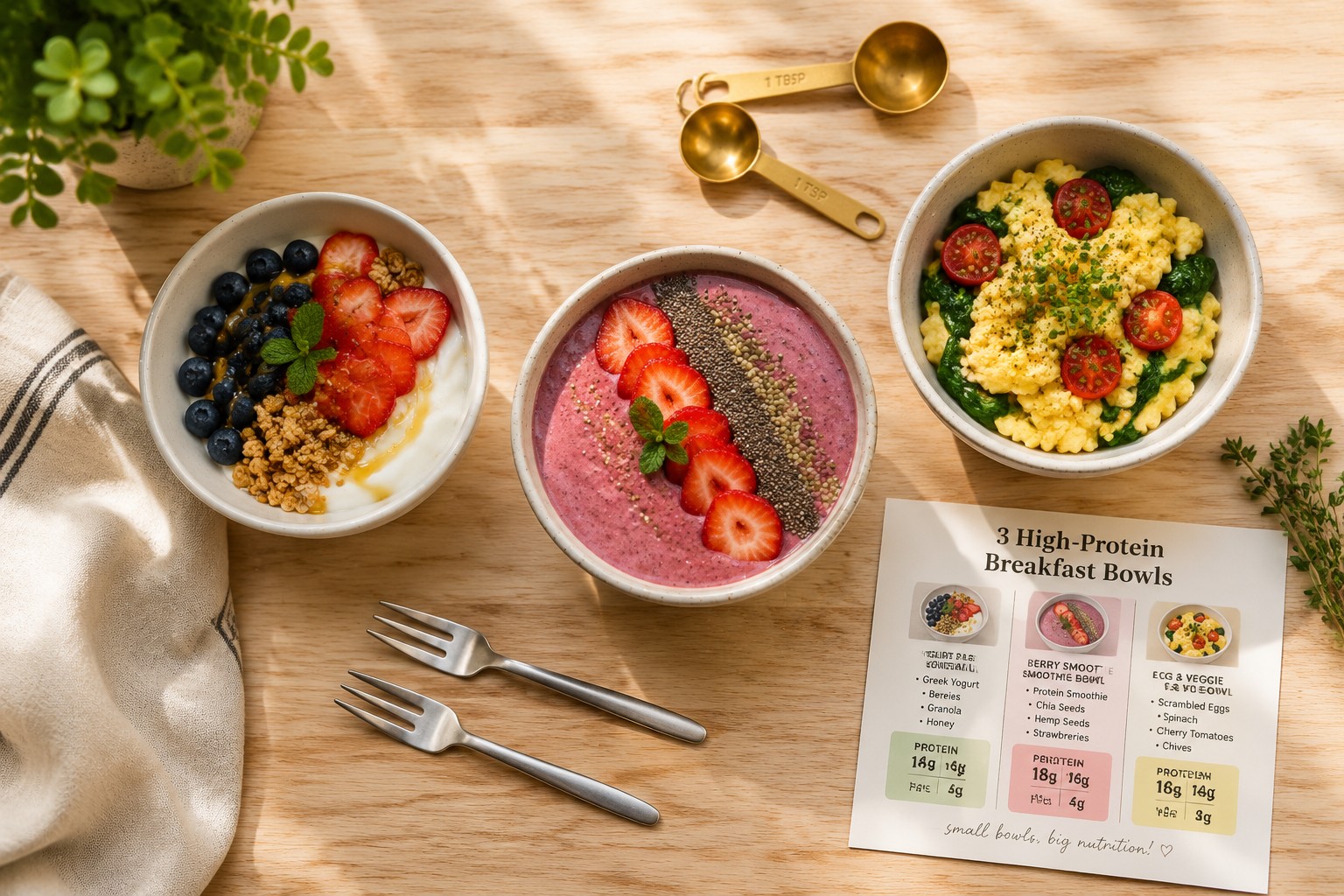() editorial photograph showing overhead flat-lay composition of three distinct small-portion breakfast bowls arranged in