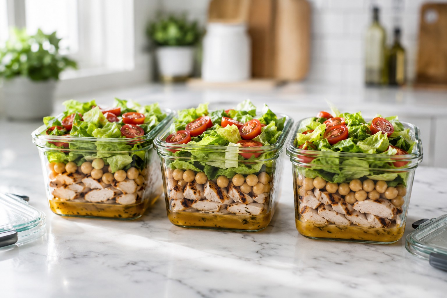 () editorial photograph showing three glass meal prep containers arranged in a row on a marble countertop, each containing