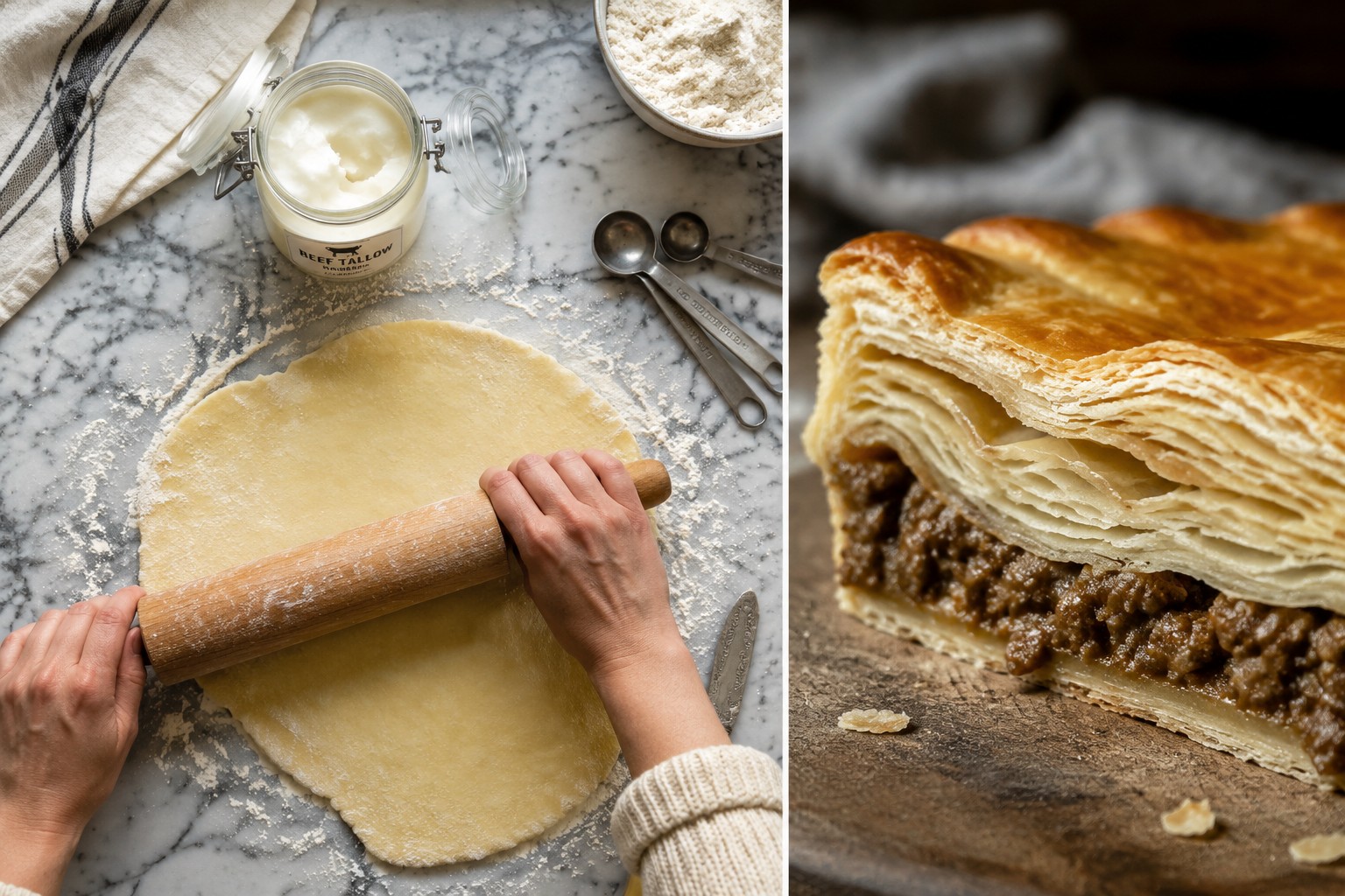 () image displaying overhead flat lay of baking preparation scene with hands rolling out flaky pie dough made with beef