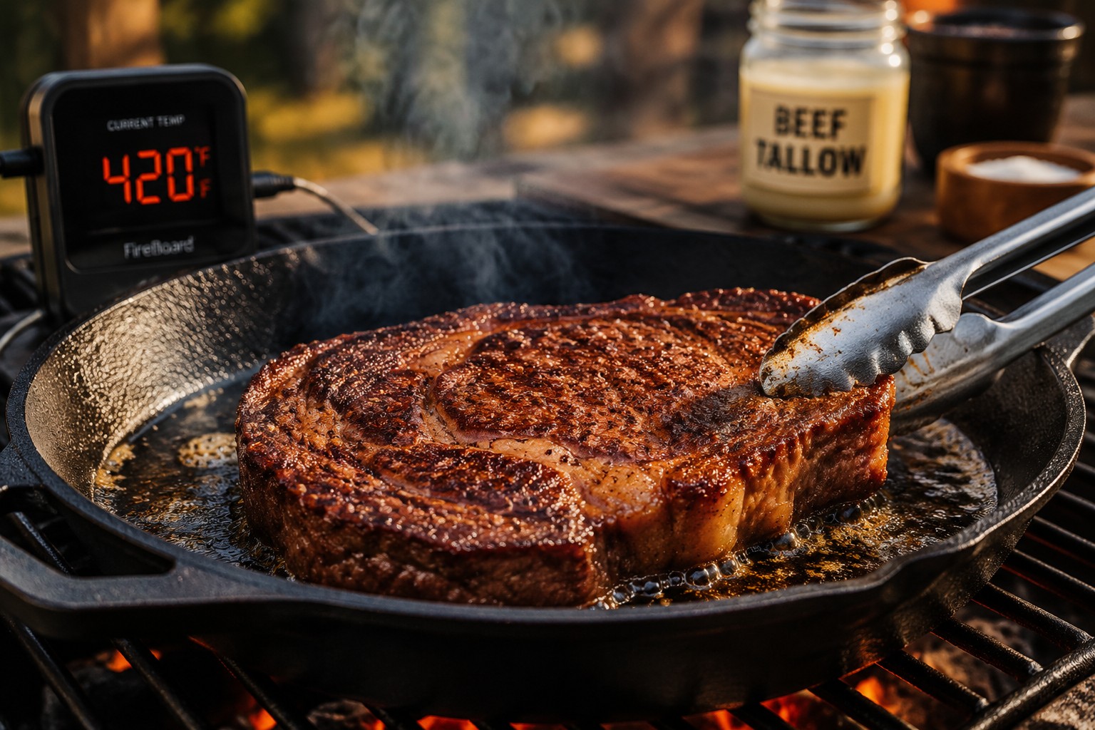 () image showing close-up of cast iron skillet on outdoor grill with thick ribeye steak searing in melted beef tallow,