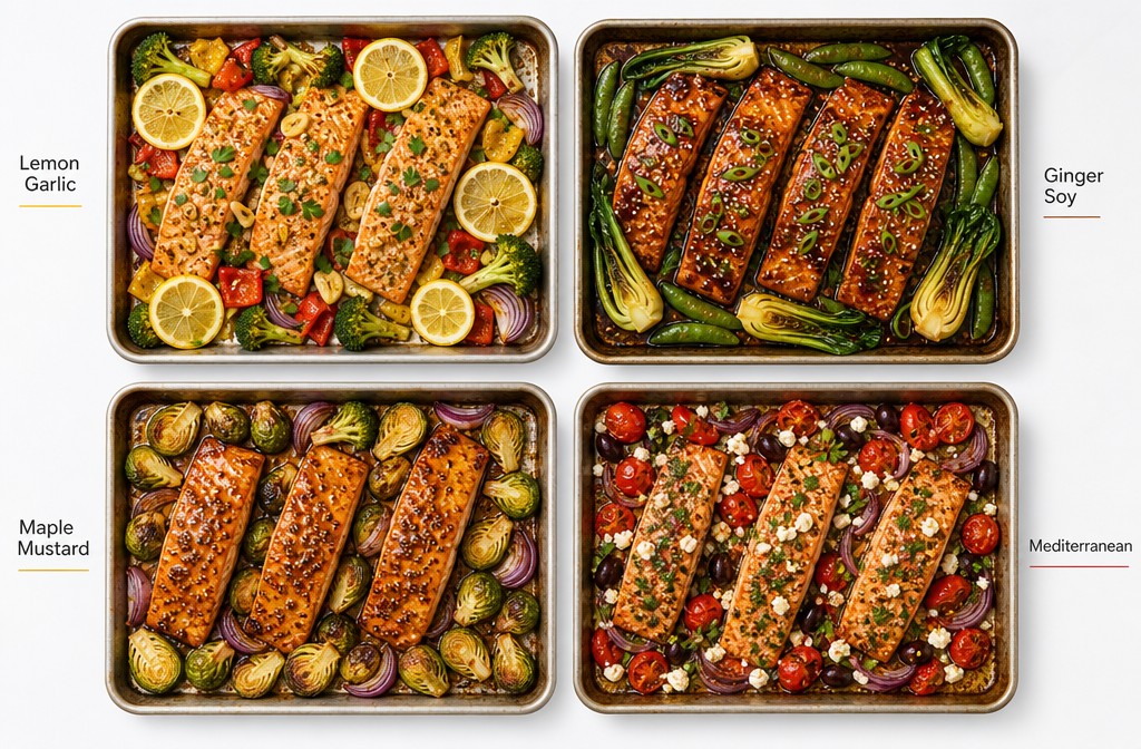 () overhead flat-lay composition showing four distinct sheet pans arranged in a grid, each featuring a different salmon