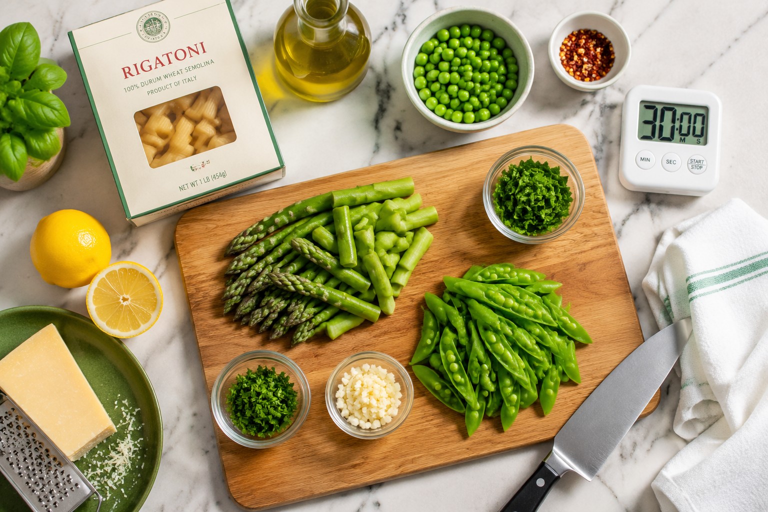 () overhead flat lay composition showing organized mise en place for spring pasta preparation. Wooden cutting board center