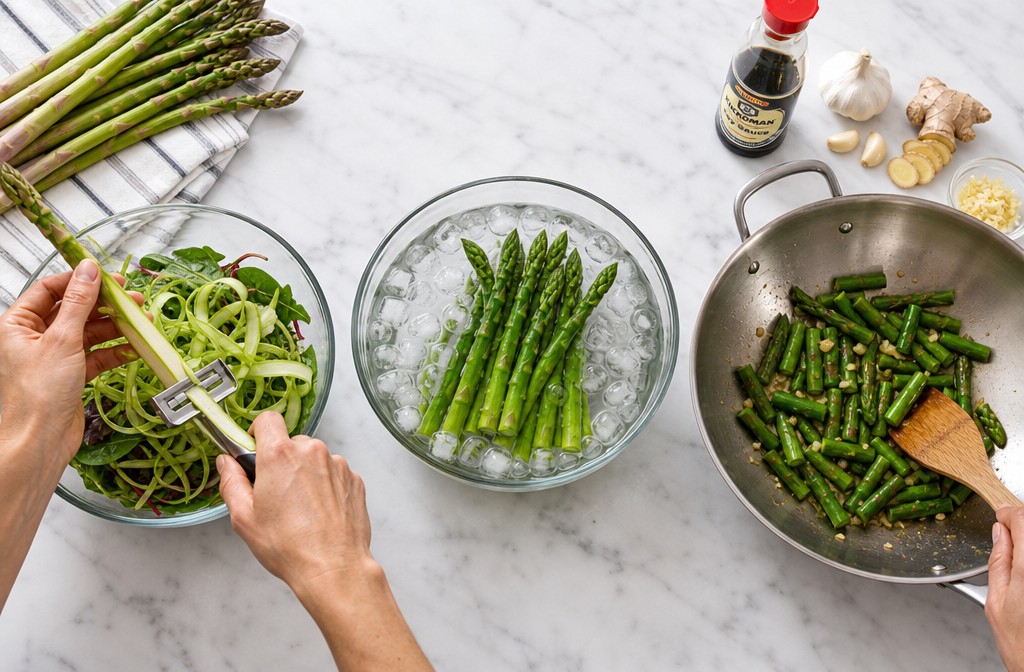 () overhead flat-lay composition showing raw asparagus being prepared multiple ways on large white marble surface. Left side
