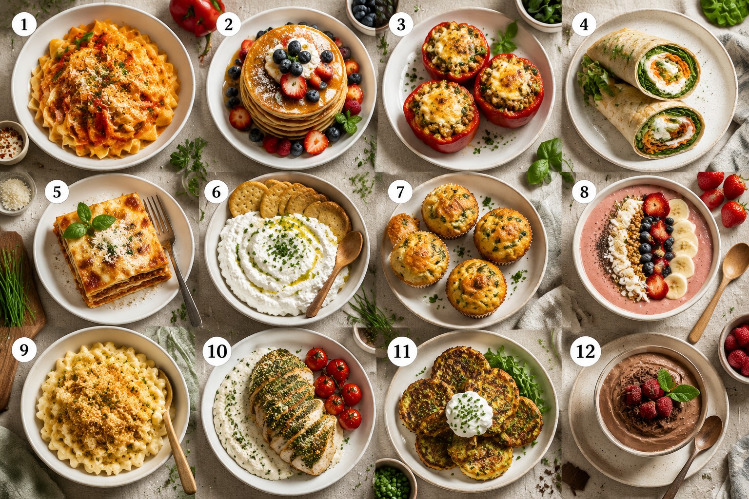 () overhead flat-lay composition showing twelve distinct cottage cheese recipe preparations arranged in grid pattern on