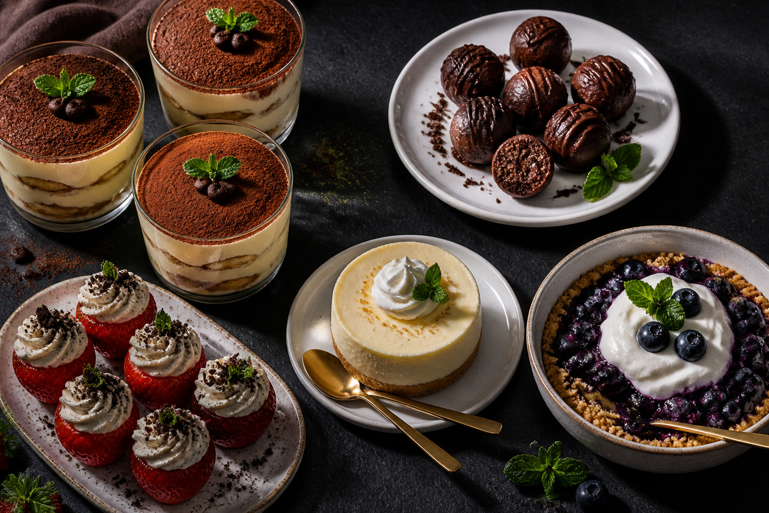 () overhead flat lay of high-protein dessert collection on dark slate background. Features individual portions of protein