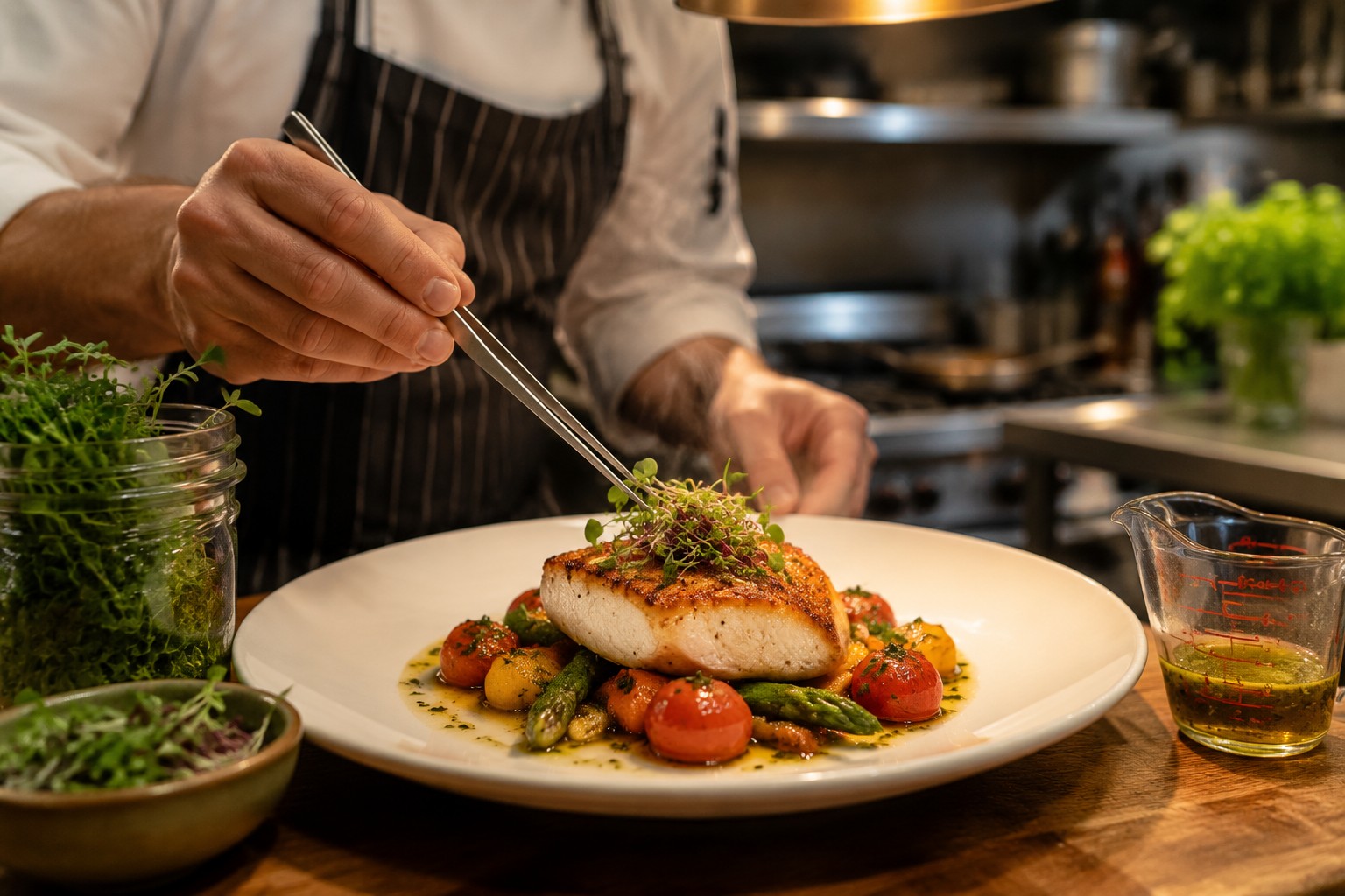 () professional culinary photograph showing chef's hands plating small-portion dinner on elegant white ceramic dish, shot