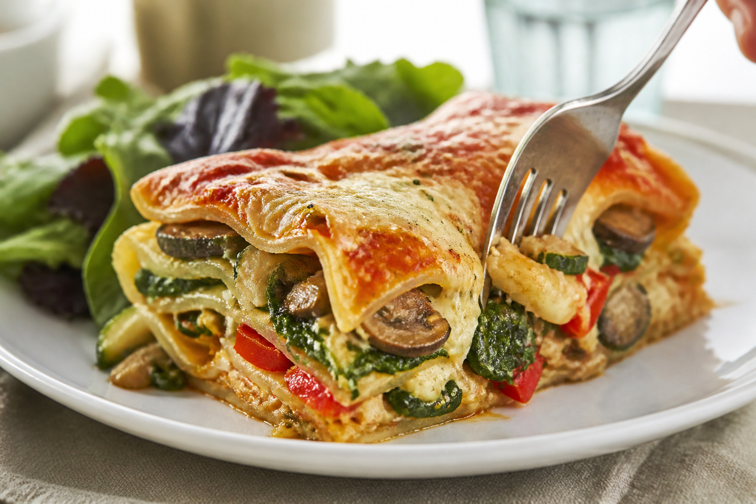 () side-angle close-up photograph of a single plated serving of vegetable-packed lasagna on a white ceramic plate, fork