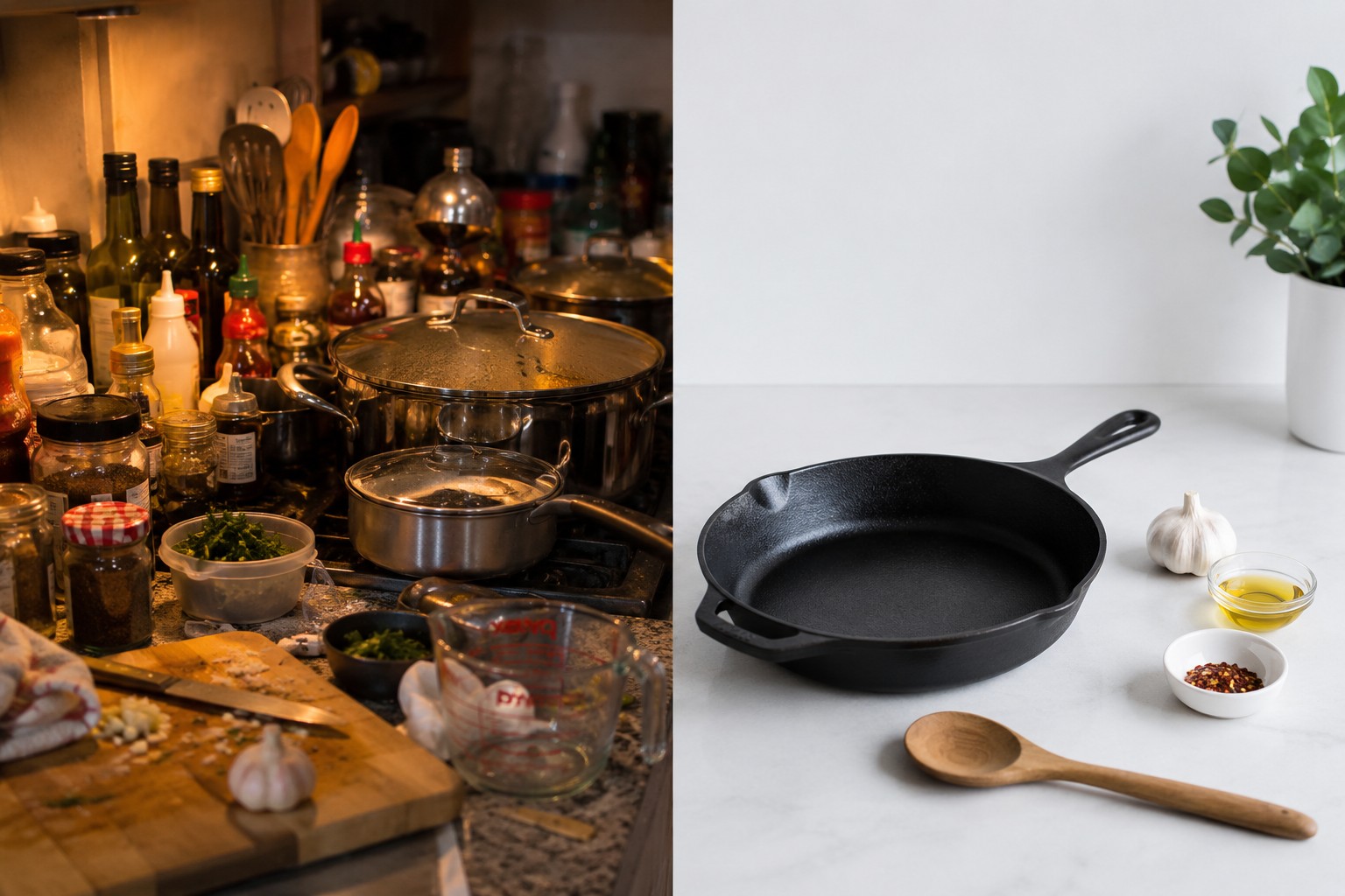 () split-screen comparison image: left side shows cluttered kitchen counter with multiple pots, ingredient bottles,