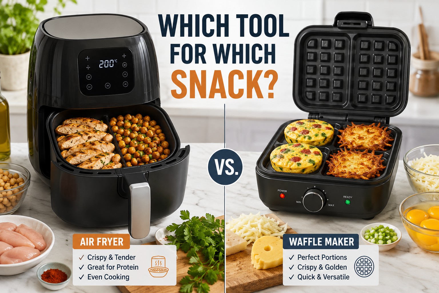() split-screen composition showing air fryer on left side with protein-rich chicken breast strips and chickpea snacks
