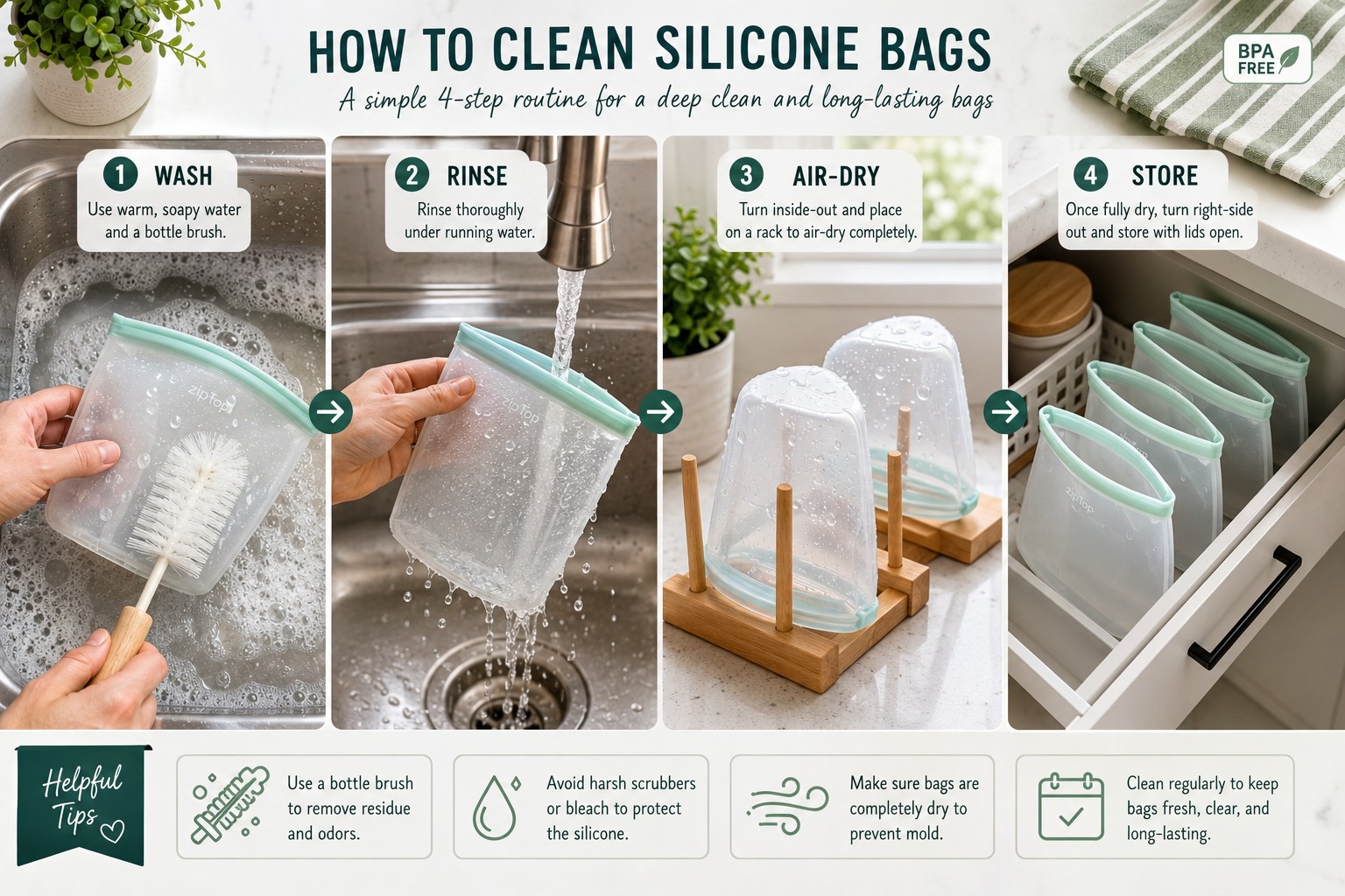 () step-by-step visual guide showing proper silicone bag cleaning technique: overhead view of kitchen sink with four