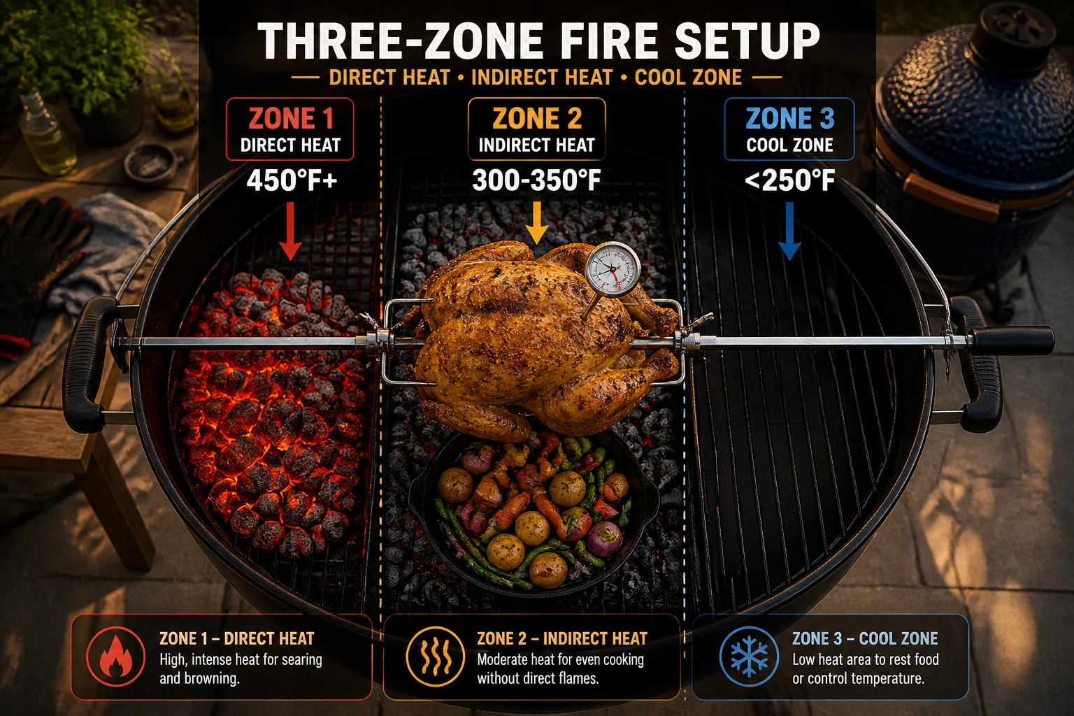 () step-by-step visual guide showing three-zone fire setup on kettle grill from bird's eye view: left third shows high-heat