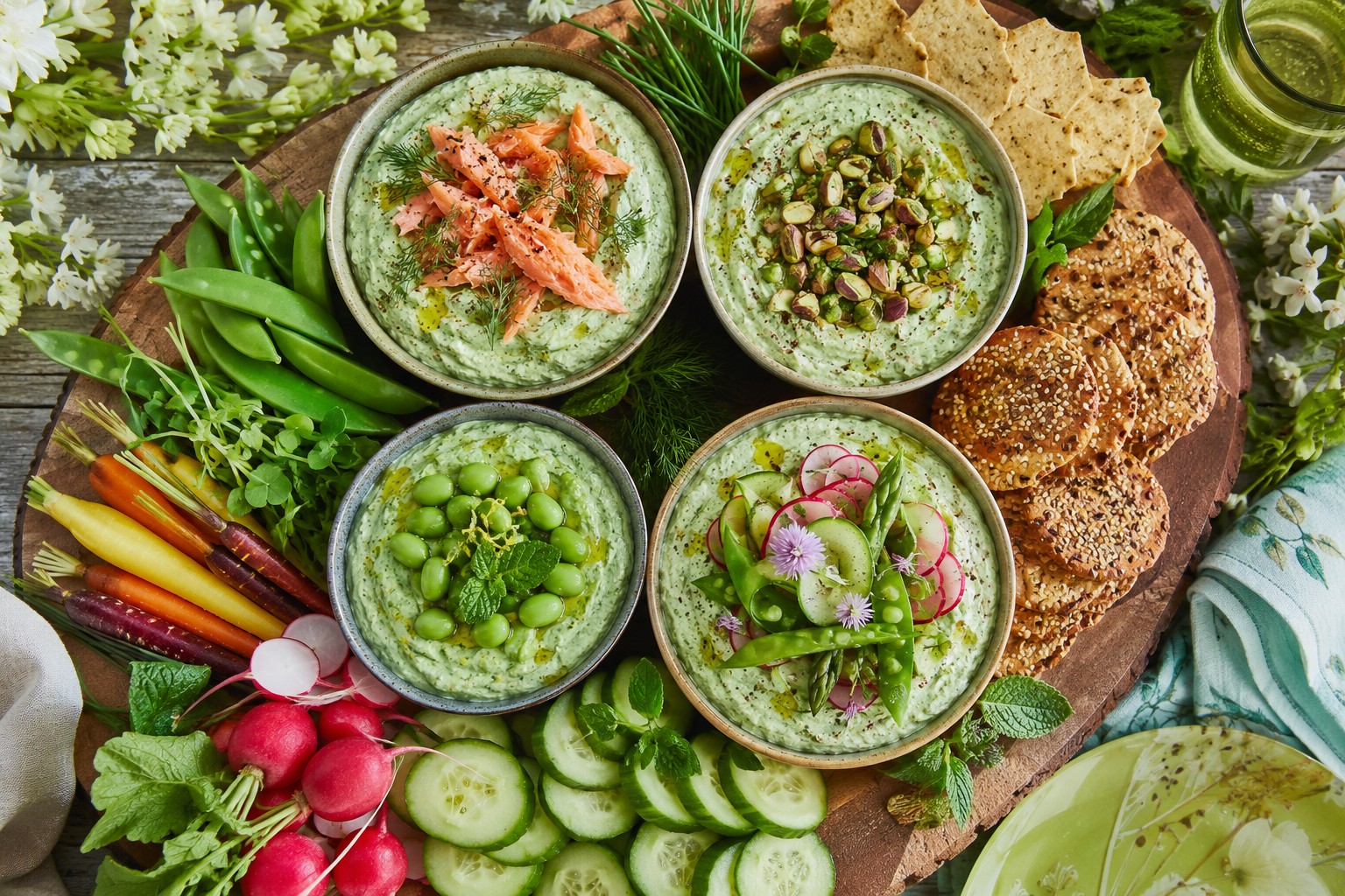 () styled appetizer spread showing multiple small bowls of different green goddess variations arranged on rustic wooden