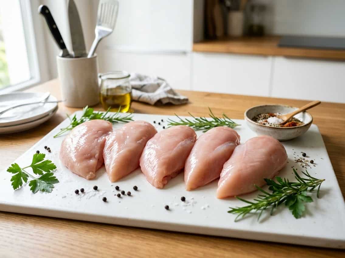 Fresh raw chicken breasts on a cutting board with herbs and spices in a kitchen.