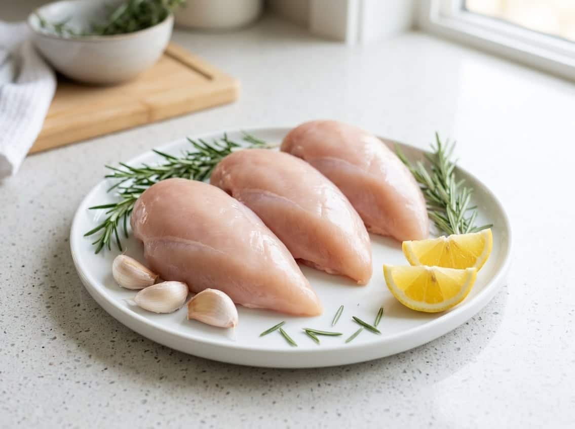 Fresh raw chicken breasts on a white plate with rosemary, garlic, and lemon on a kitchen countertop.