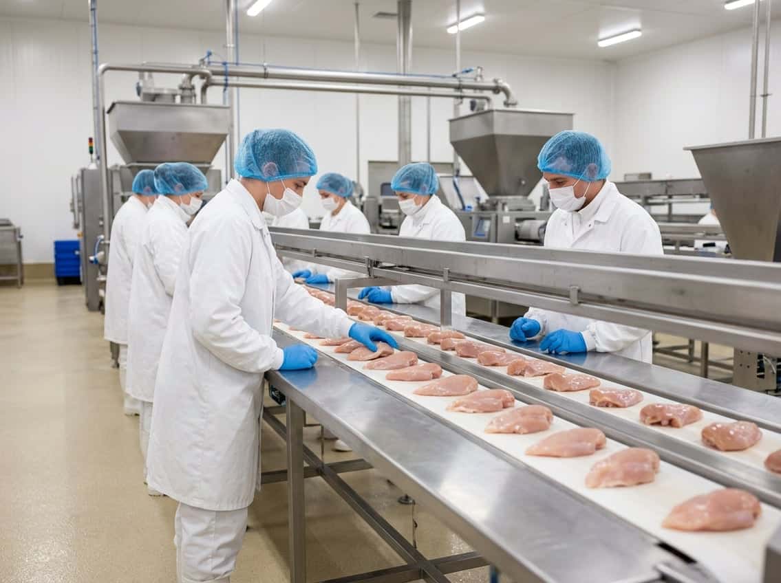 Raw chicken breasts on a conveyor belt in a clean food processing facility with workers handling them.