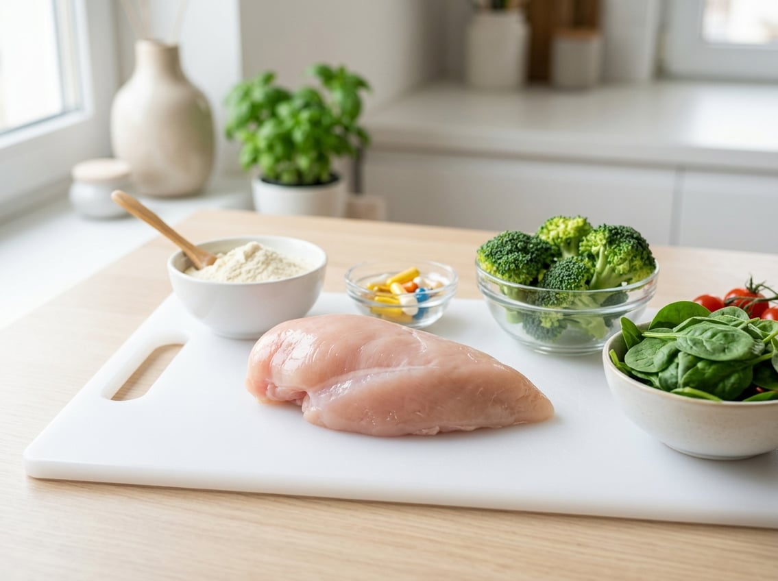 A raw chicken breast on a white cutting board surrounded by small bowls of protein powder, vitamin capsules, and fresh vegetables.