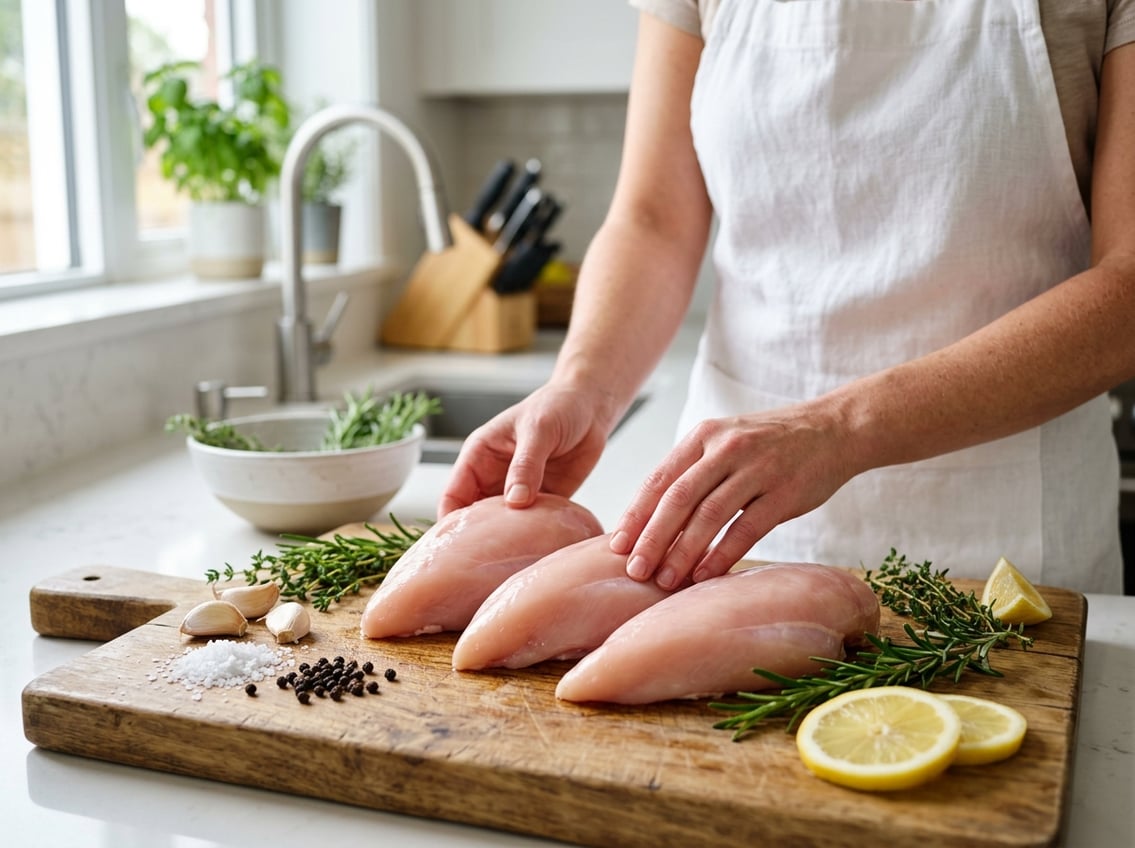 Close-up of fresh raw chicken breasts on a wooden cutting board with herbs and lemon slices, while a person examines the meat in a bright kitchen.