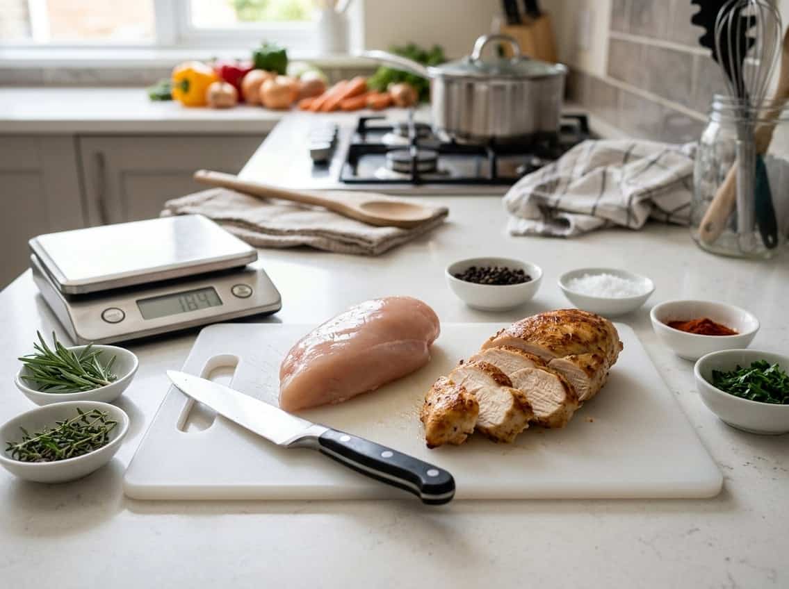 Raw and cooked chicken breasts displayed on a kitchen countertop with cooking utensils and ingredients nearby.