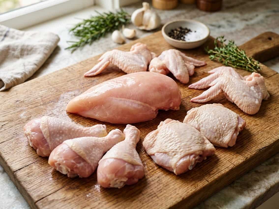 Various raw chicken cuts including a chicken breast, thighs, drumsticks, and wings arranged on a wooden cutting board with herbs and spices nearby.