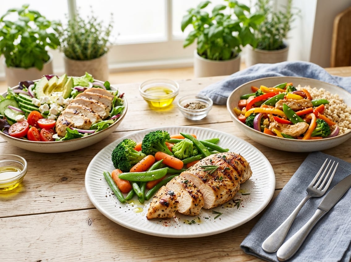A plate of grilled chicken breast with steamed vegetables, alongside a chicken salad and chicken stir-fry on a dining table.