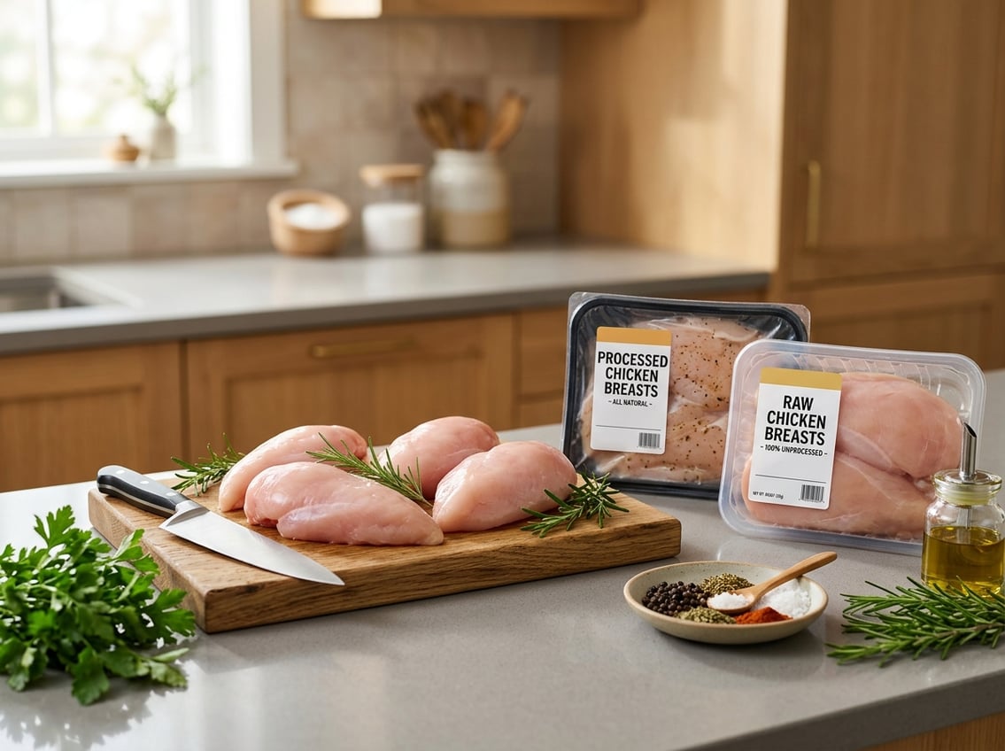 A kitchen countertop showing raw chicken breasts on a cutting board alongside packaged chicken breast products, fresh herbs, and cooking utensils.