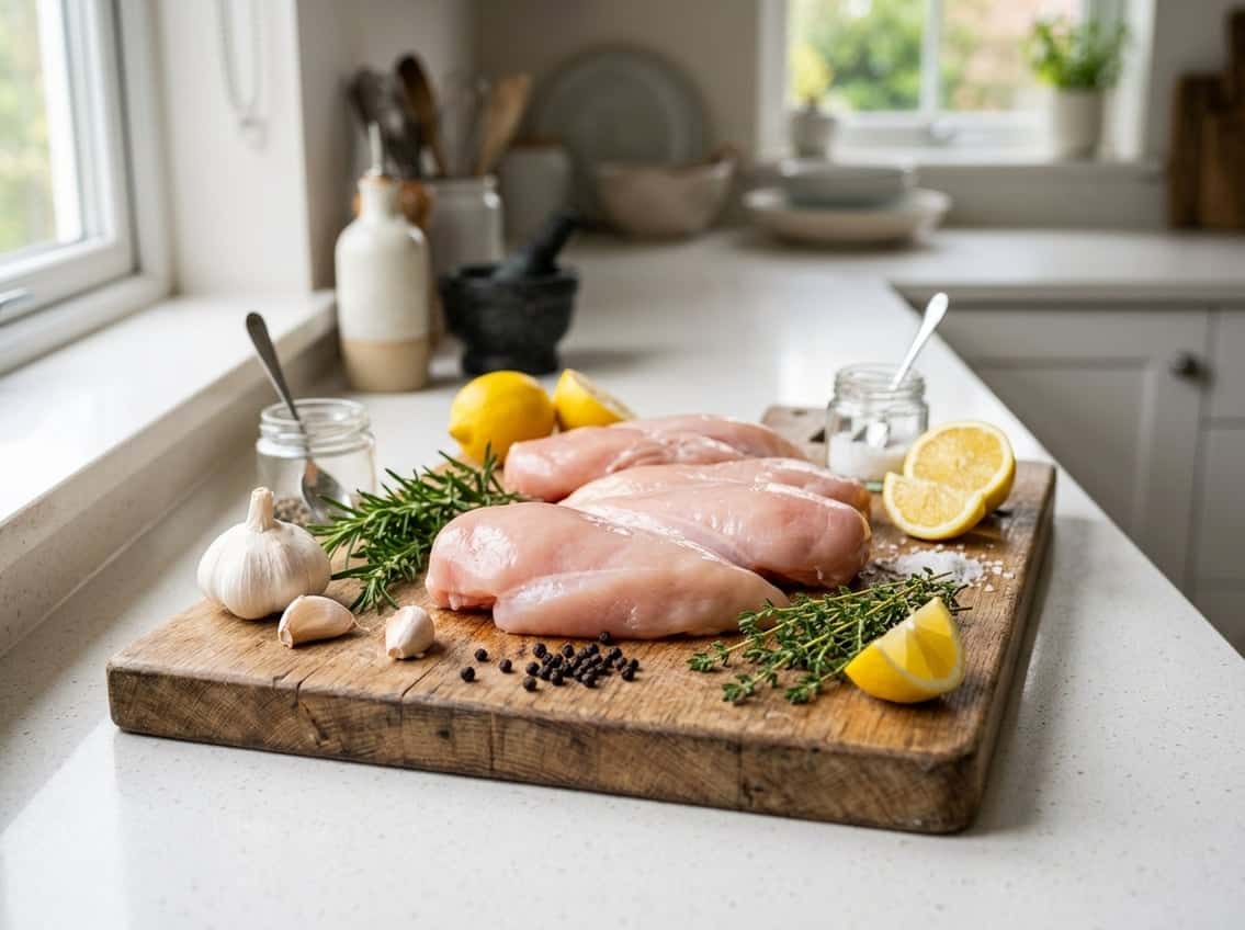 Fresh raw chicken breasts on a wooden cutting board with herbs, garlic, and lemon on a kitchen countertop.