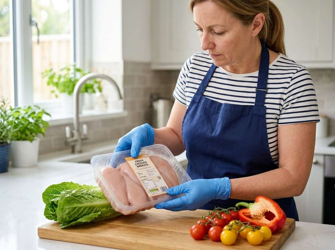 Person wearing gloves inspecting a packaged chicken breast in a kitchen with fresh vegetables nearby.