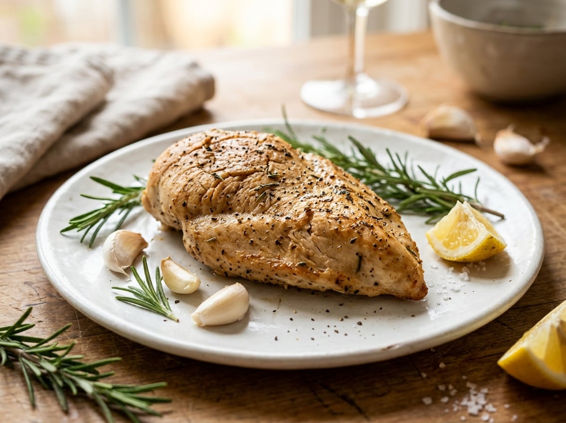 Close-up of a cooked chicken breast on a white plate with fresh herbs and lemon wedges around it.