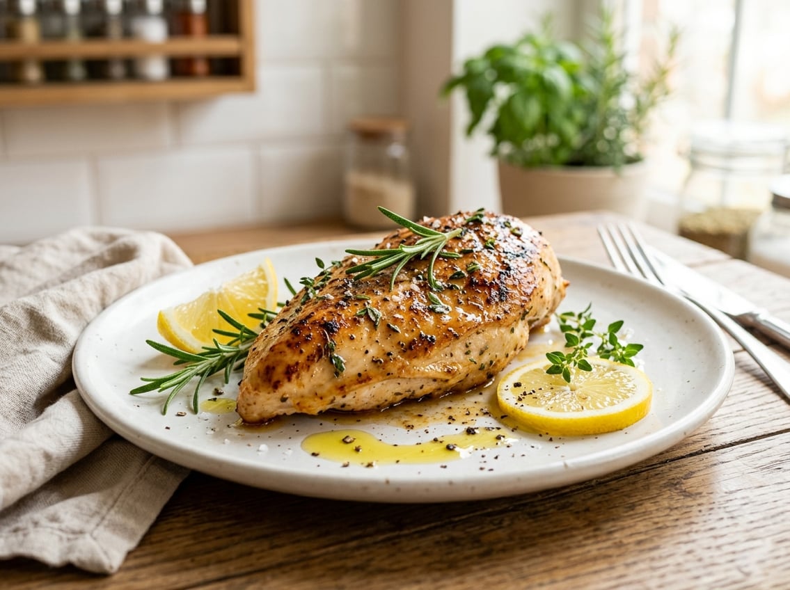 A juicy cooked chicken breast on a white plate garnished with fresh herbs and lemon slices.