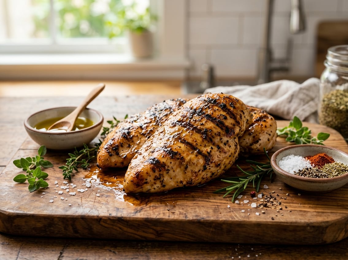 Close-up of juicy cooked chicken breasts on a cutting board with fresh herbs and seasoning bowls nearby.