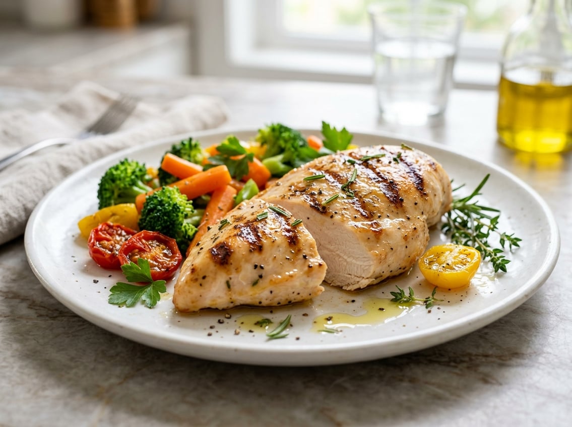 A cooked chicken breast with grill marks on a white plate, accompanied by steamed vegetables and fresh herbs on a kitchen countertop.