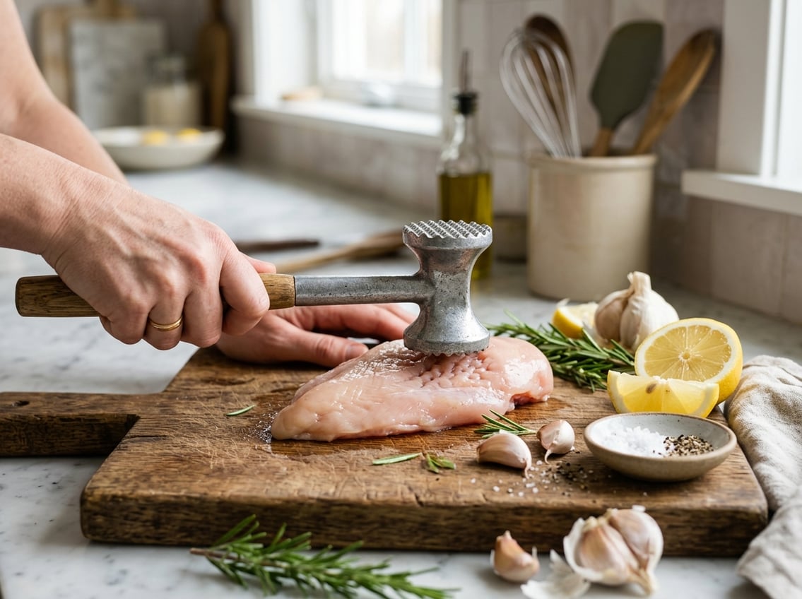 Close-up of raw chicken breasts being tenderized with a meat mallet on a wooden cutting board surrounded by fresh herbs and ingredients.