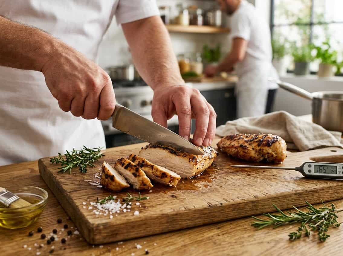 A sliced chicken breast on a wooden cutting board with fresh herbs and a kitchen thermometer nearby.