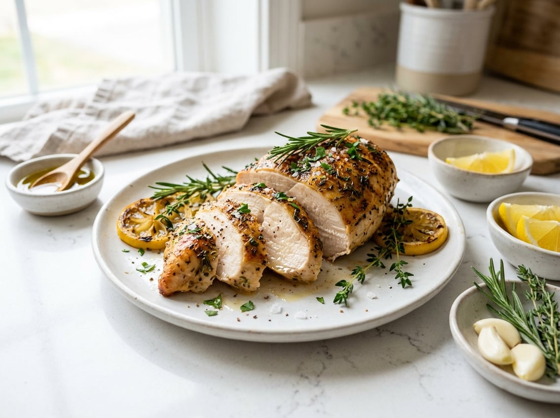 A sliced, juicy chicken breast garnished with fresh herbs on a white plate with small bowls of cooking ingredients on a kitchen countertop.