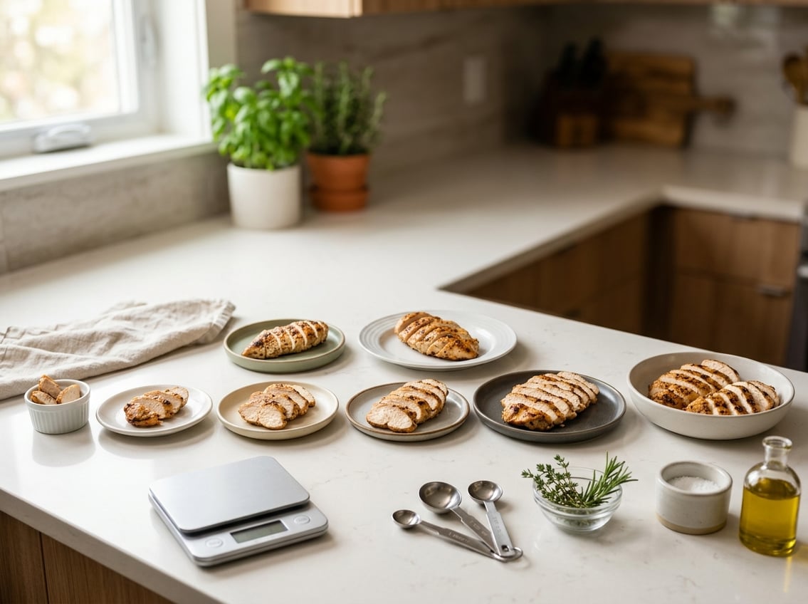 Various serving sizes of cooked chicken breast arranged on plates on a kitchen countertop with kitchen tools nearby.