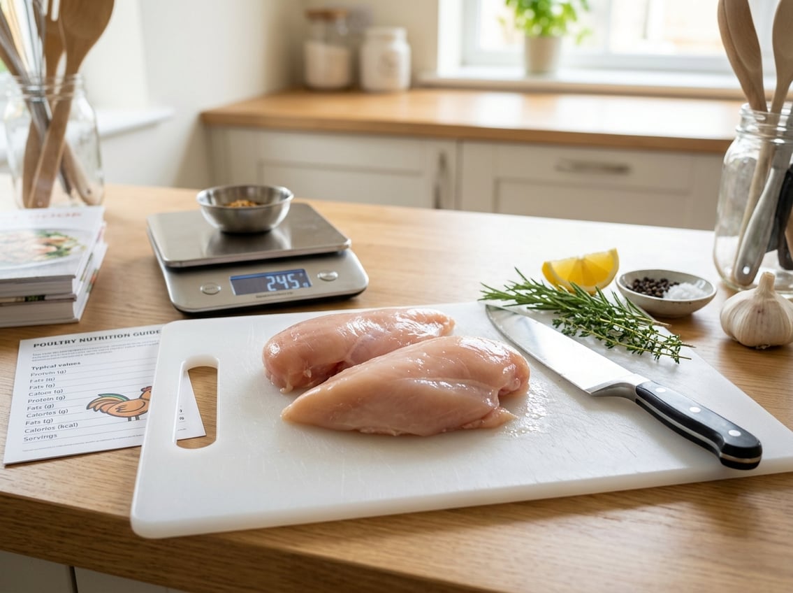 Close-up of raw chicken breasts on a cutting board with kitchen tools and fresh herbs around them.