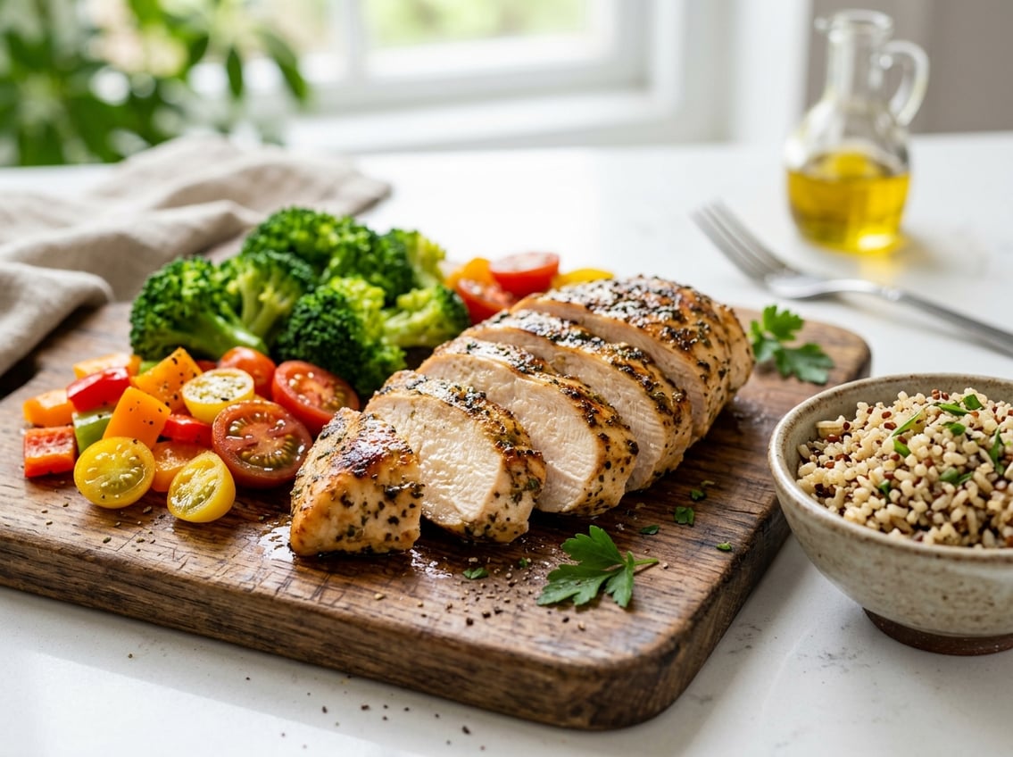 Sliced cooked chicken breast on a wooden cutting board with fresh vegetables and a bowl of quinoa nearby.