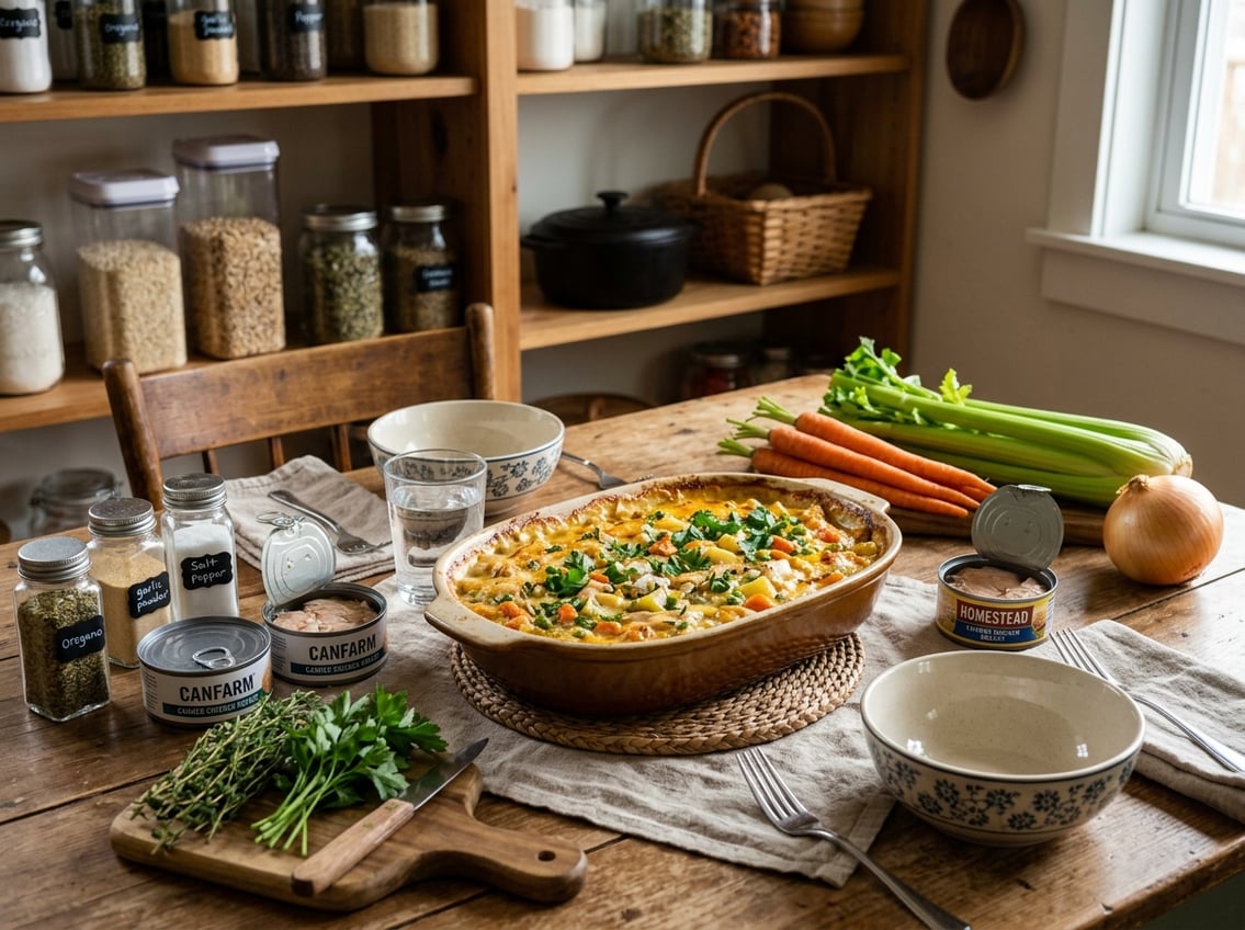 A cozy kitchen table with a warm chicken casserole, surrounded by canned chicken and fresh vegetables.