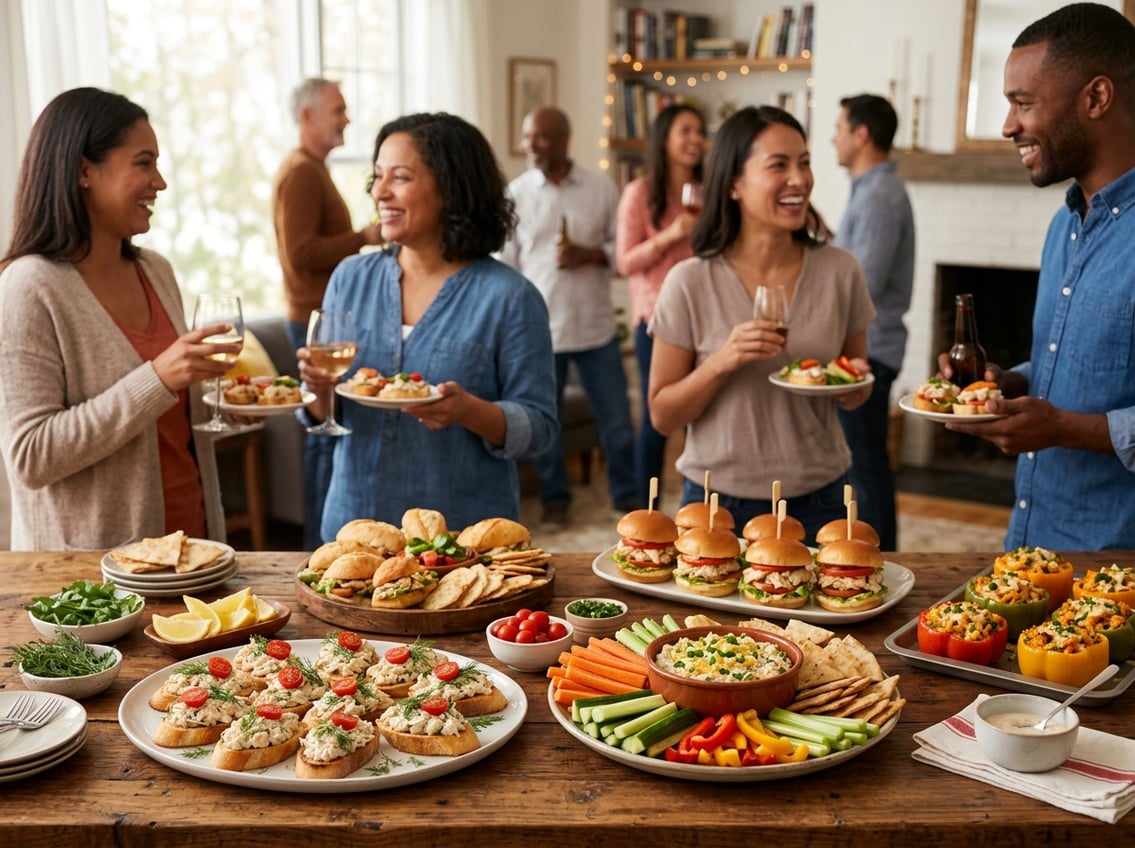 A table with various snacks and appetizers made from canned chicken breast, surrounded by people enjoying a party.