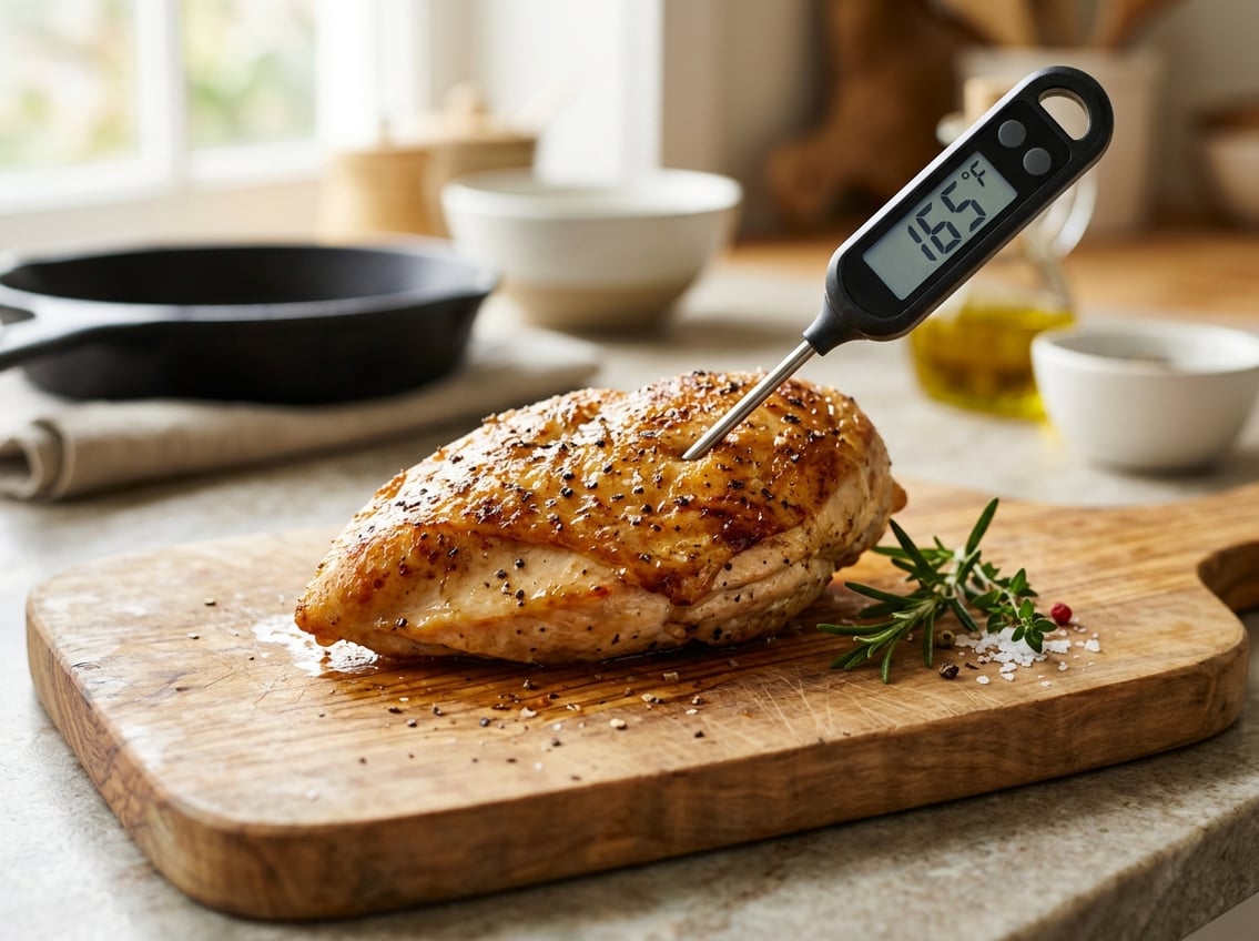Close-up of a cooked chicken breast on a cutting board with a digital thermometer inserted showing the internal temperature.